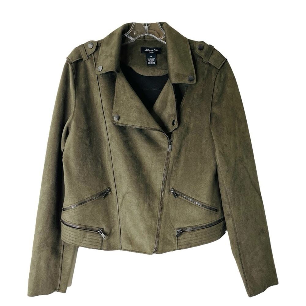 Anna Cai green faux suede moto zip lightweight cropped  jacket medium